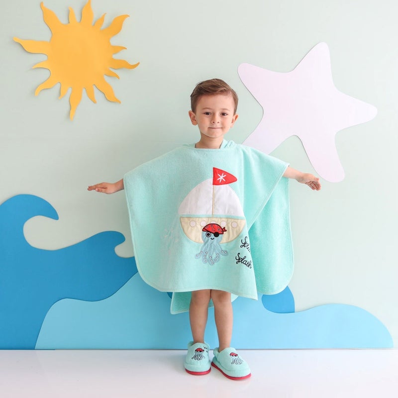 Milk & Moo Kids Hooded Bath Towel Poncho, 4-6 years, 100% Cotton, Beach Changing Robe for Kids, Open Sided, Ultra Soft and Absorbent Beach Towel Poncho, One Size, 57x61 cm, Sailor Octopus Design - Image 2